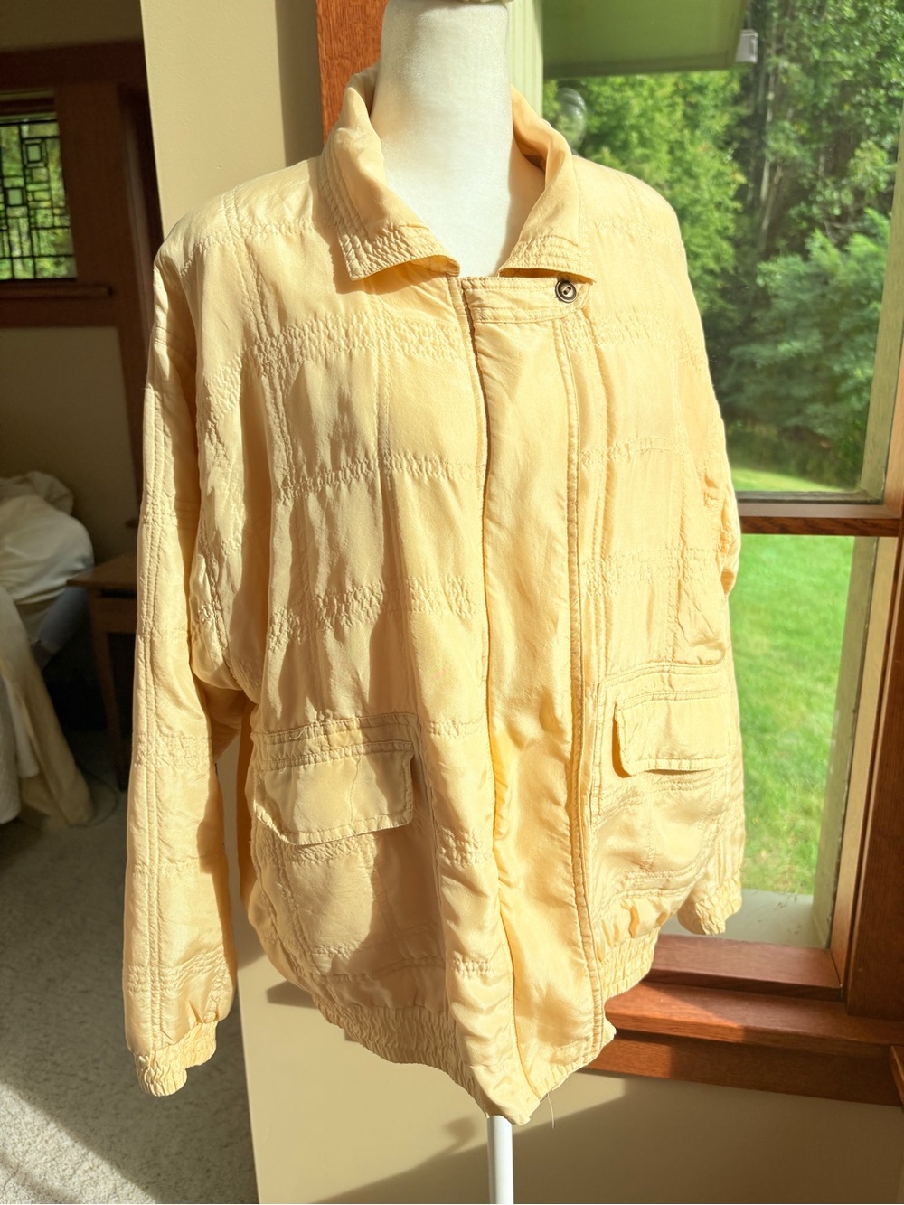 Vintage Silk Bomber Jacket Butter Soft Yellow Flap Pickets Stitch Detail Large